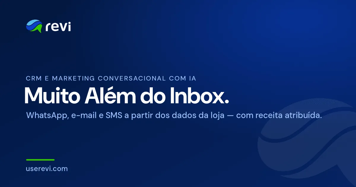 Revi: CRM e marketing conversacional com IA. WhatsApp, e-mail e SMS a partir dos dados da loja, com receita atribuída.